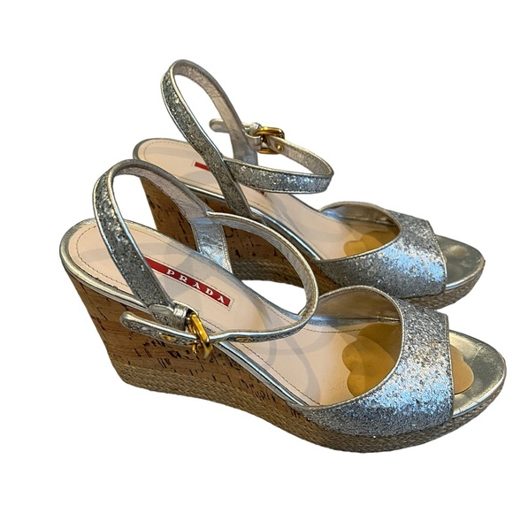 Prada Silver Glitter Cork Wedge Sandal, Sz 40 - Picture 5 of 16